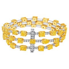 33.70 Ctw. Three Row Fancy Shape Fancy Yellow Diamond Bracelet in 14K Gold