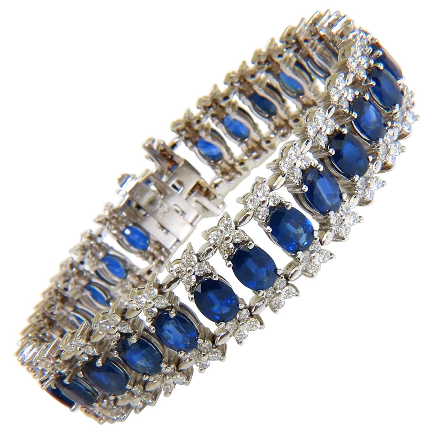 33.75 Carat Natural Gem Sapphire Diamond Bracelet Three-Row and Wide Cuff