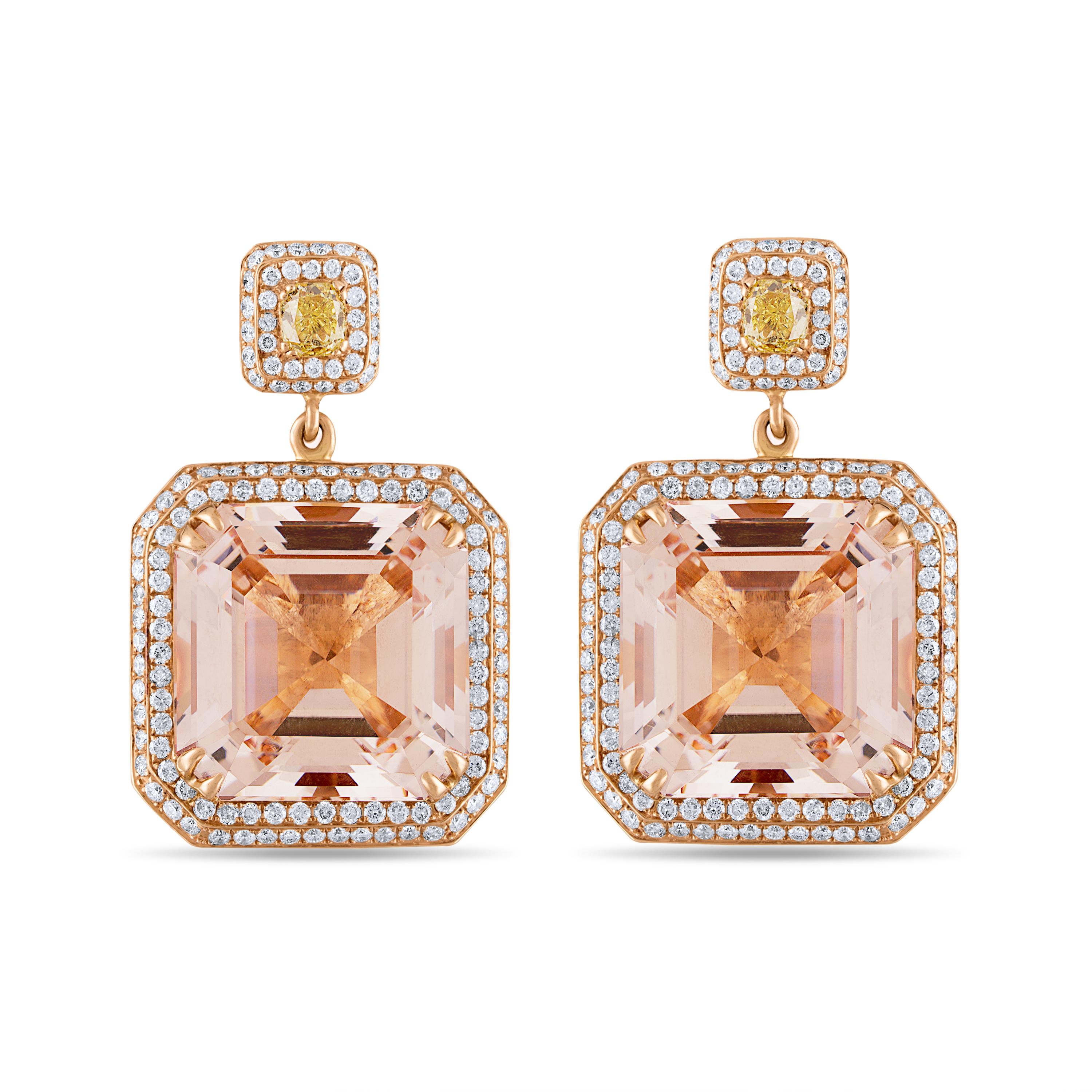 33.77 Carat Natural Asscher-Cut Morganite and Diamond Gold Earrings:

A stunning pair of earrings, it features 2 asscher-cut natural morganites weighing 33.77 carat surrounded by white round-brilliant cut diamonds and topped by cushion-cut yellow