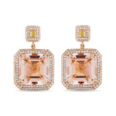 33.77Carat Asscher-Cut Morganite and Diamond Gold Earrings