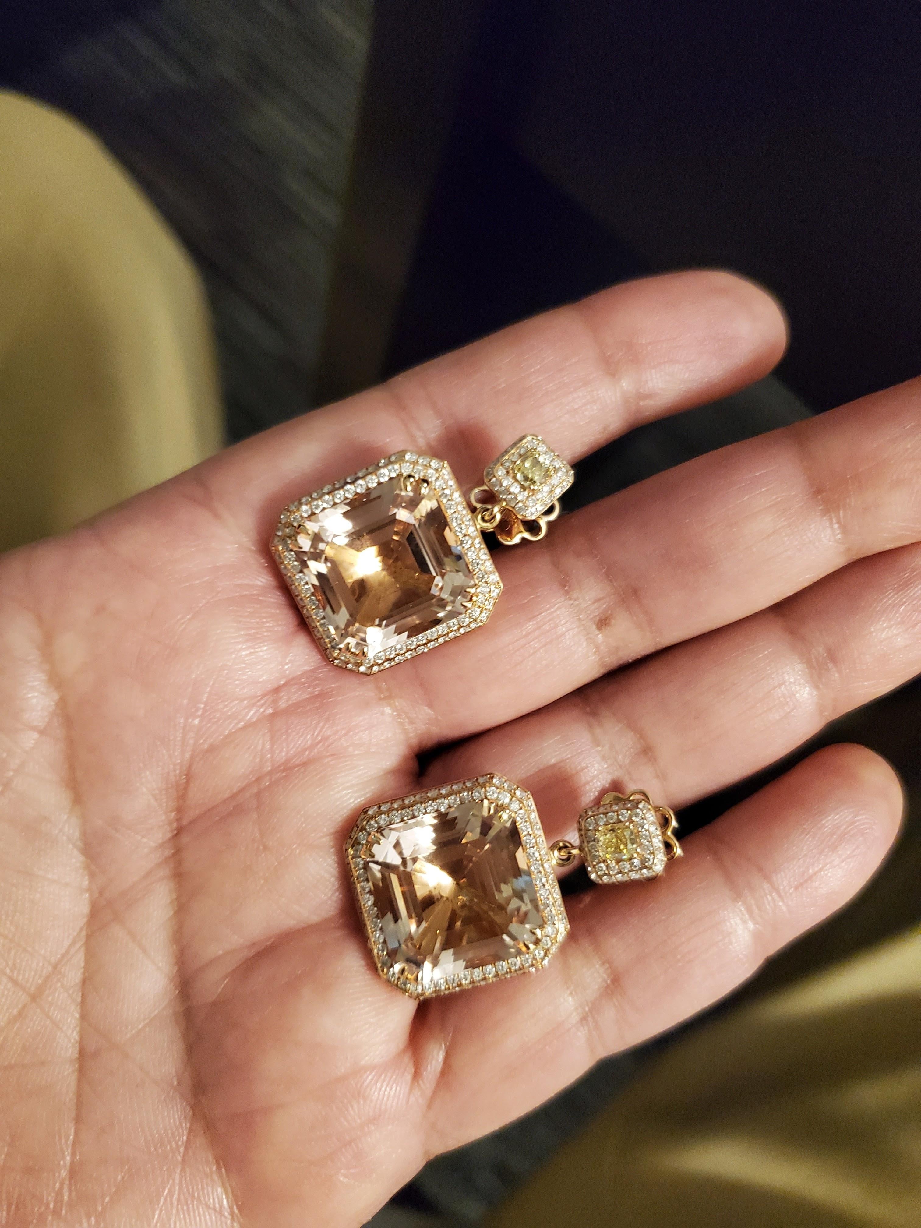 Contemporary 33.77Carat Asscher-Cut Morganite and Diamond Gold Earrings For Sale