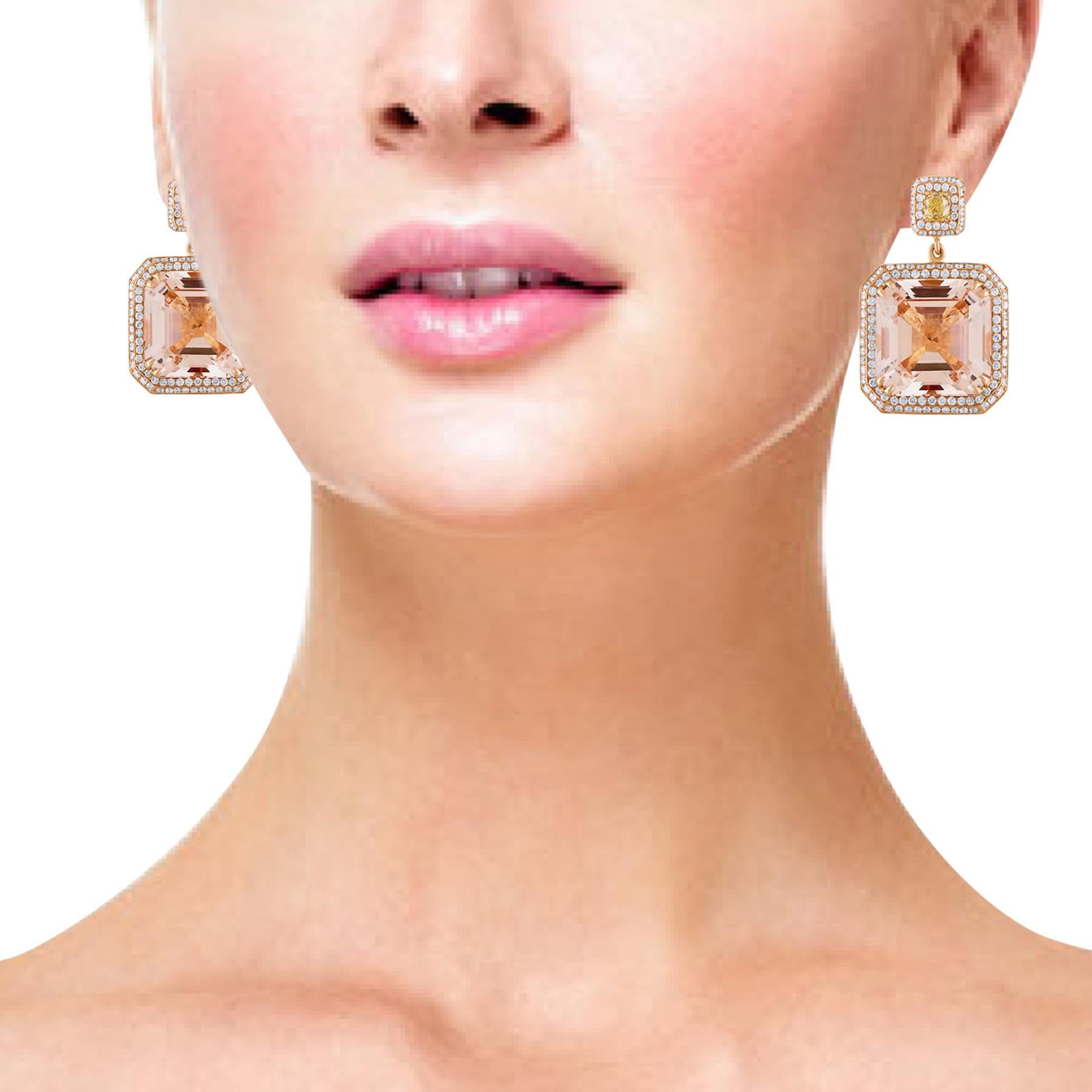 Boucles d'oreilles en or 33,77 carats, morganite taillée en Asscher et diamants Unisexe en vente