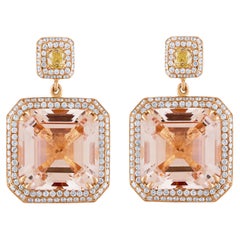 33.77Carat Asscher-Cut Morganite and Diamond Gold Earrings