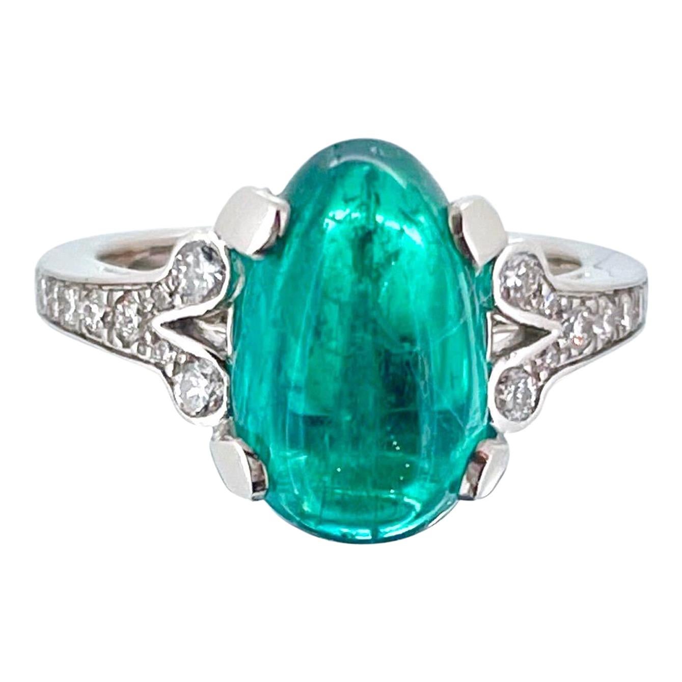 3.37ct Colombian Emerald Cabochon Cut and Diamonds Platinum Ring