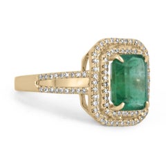 3.37tcw 14K Natural Emerald-Emerald Cut & Diamond Double Halo Yellow Gold Ring