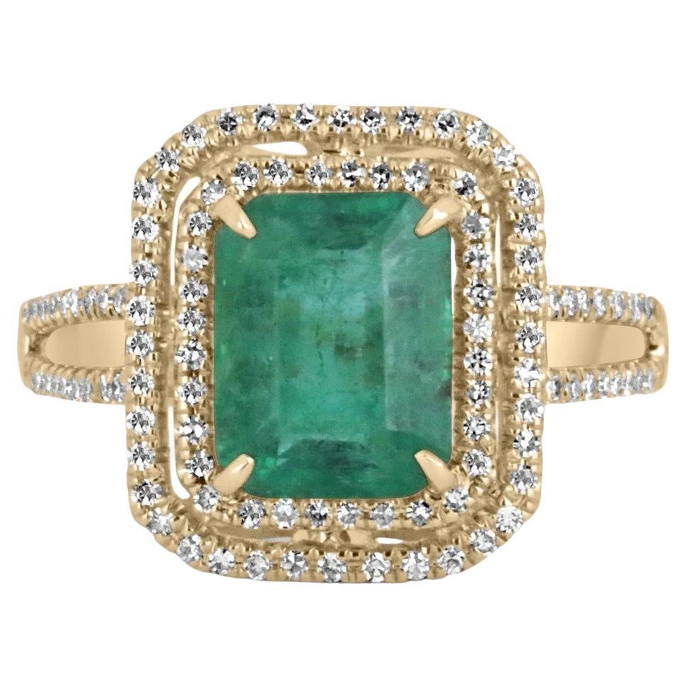 3.37tcw 14K Natural Emerald-Emerald Cut & Diamond Double Halo Yellow Gold Ring For Sale