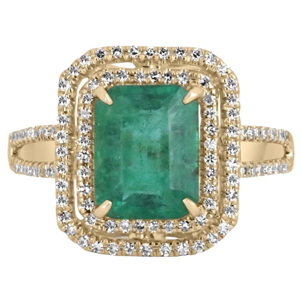 Bague en or jaune 14 carats, taille émeraude-émeraude naturelle et double halo de diamants 3,37 cw