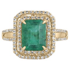 3,37tcw 14K Gelbgoldring mit natürlichem Smaragd-Emerald-Schliff und Diamant-Doppel Halo
