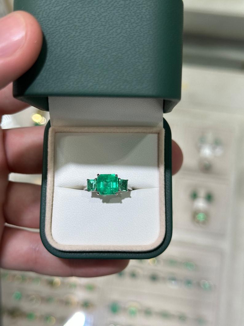 3.37tcw 18K Emerald Trilogy Ring: Asscher Cut Engagement & Right Hand Ring For Sale 1