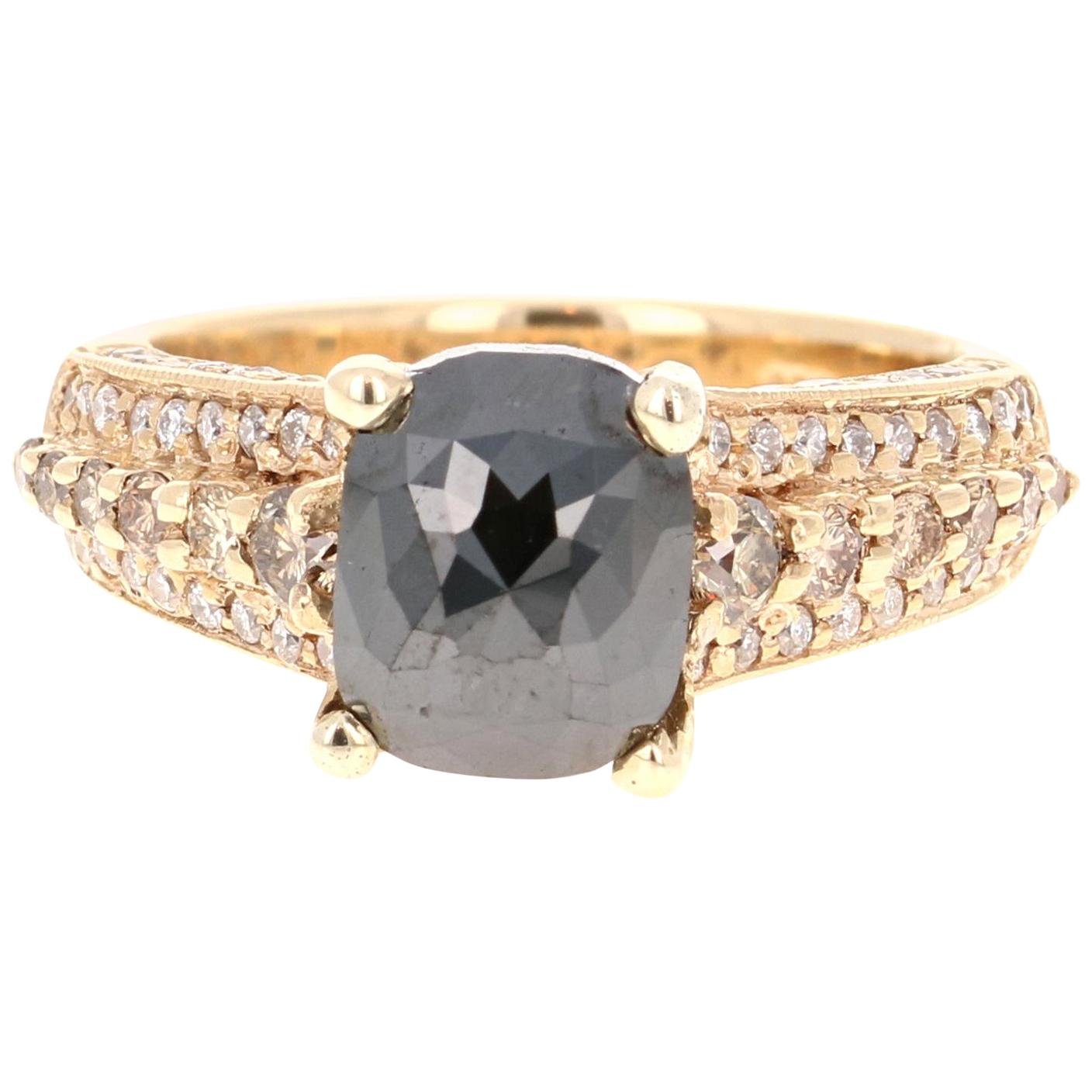 3.38 Carat Black White Diamond 14 Karat Yellow Gold Ring