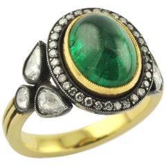 3.38 Carat Emerald, 0.84 Carat White Diamond 18 Karat Yellow Gold Heritage Ring