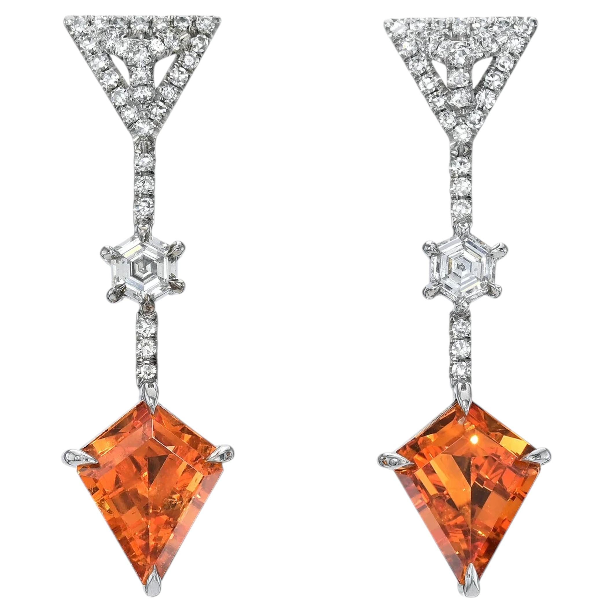 Orecchini di granato mandarino da 3,38 carati a forma di aquilone con diamante in platino - Regalo di lusso GIA