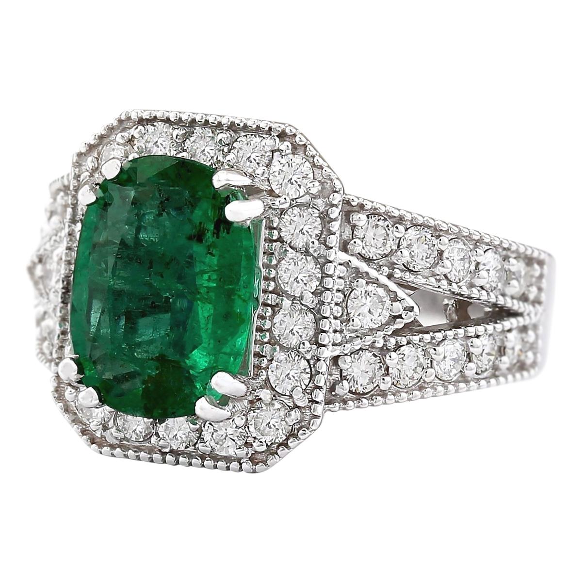 3.38 Carat Natural Emerald 14 Karat White Gold Diamond Ring
Stamped: 14K White Gold
Total Ring Weight: 7.8 Grams
Emerald Weight is 2.38 Carat (Measures: 10.00x8.00 mm)
Diamond Weight is 1.00 Carat
Color: F-G, Clarity: VS2-SI1
Face Measures: