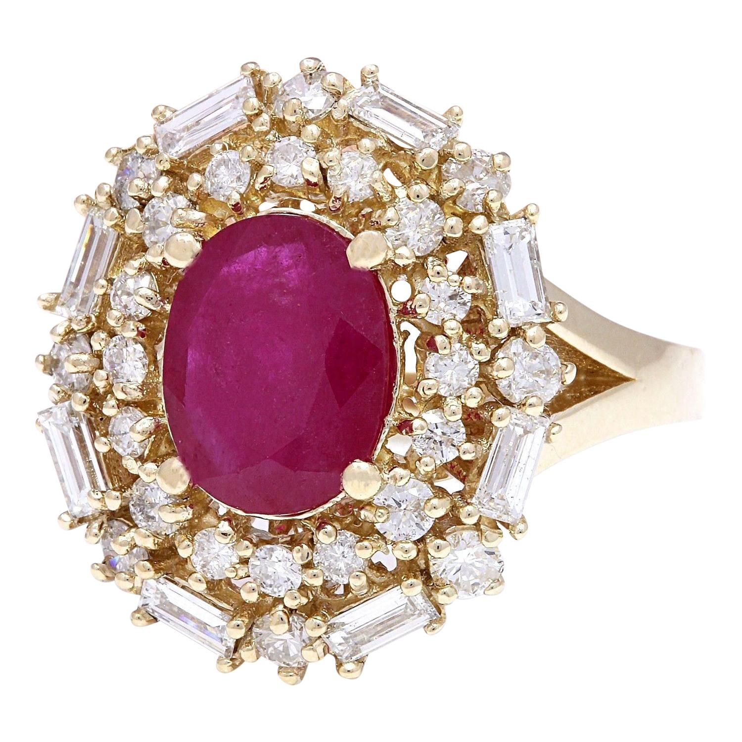3.38 Carat Natural Ruby 14K Solid Yellow Gold Diamond Ring
 Item Type: Ring
 Item Style: Engagement
 Material: 14K Yellow Gold
 Mainstone: Ruby
 Stone Color: Red
 Stone Weight: 2.10 Carat
 Stone Shape: Oval
 Stone Quantity: 1
 Stone Dimensions: