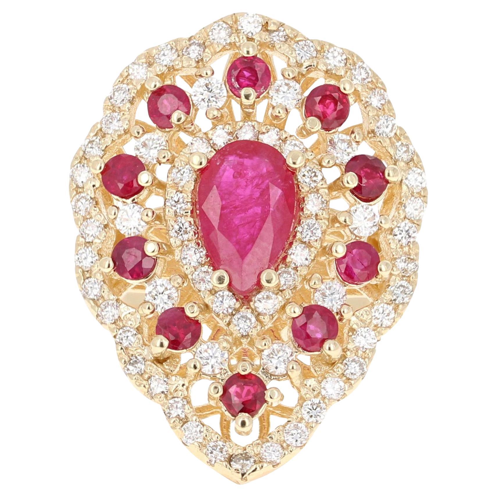 3.38 Carat Natural Ruby Diamond 14 Karat Yellow Gold Cocktail Ring
