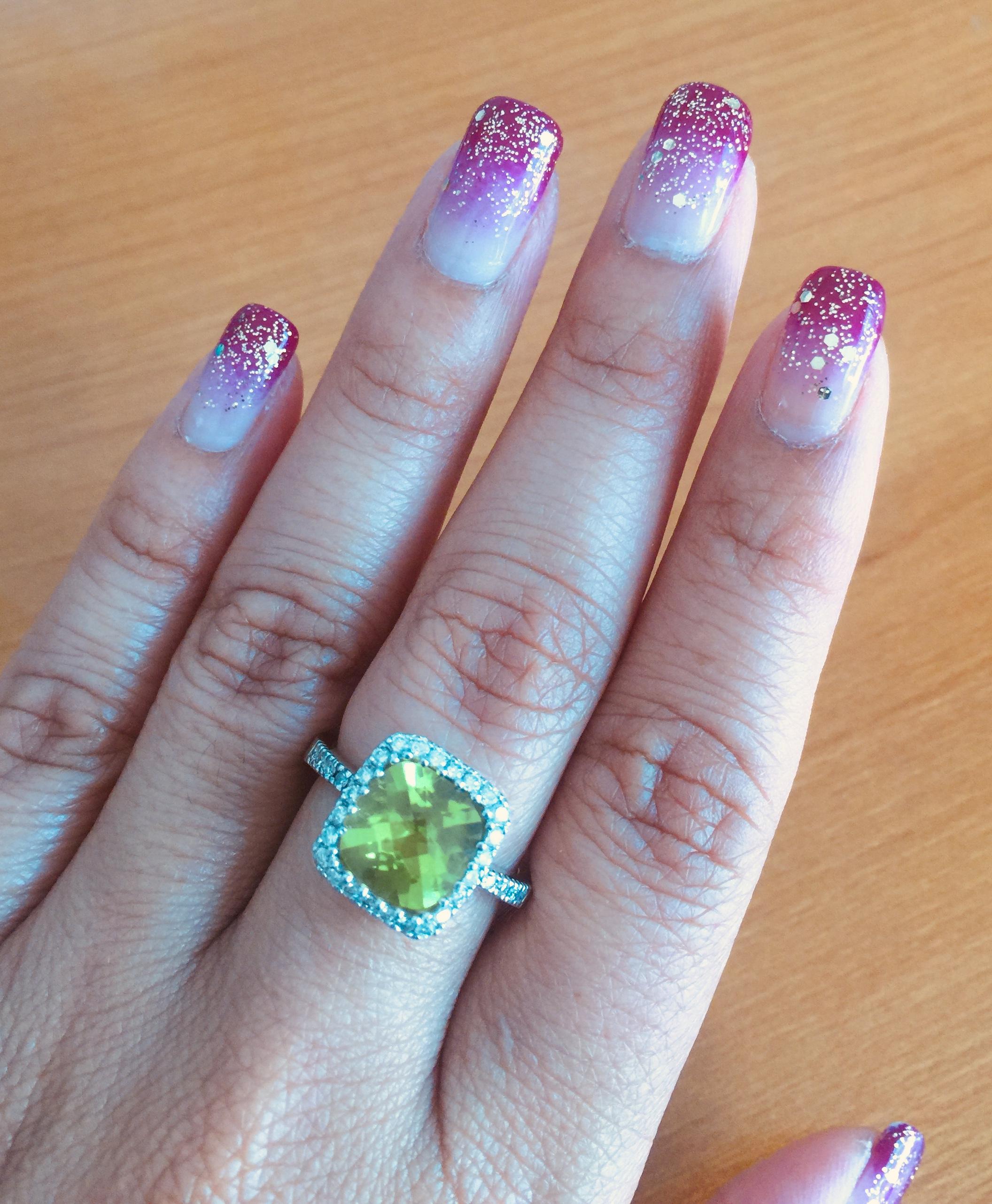 3.38 Carat Peridot Diamond Engagement White Gold Ring In New Condition In Los Angeles, CA