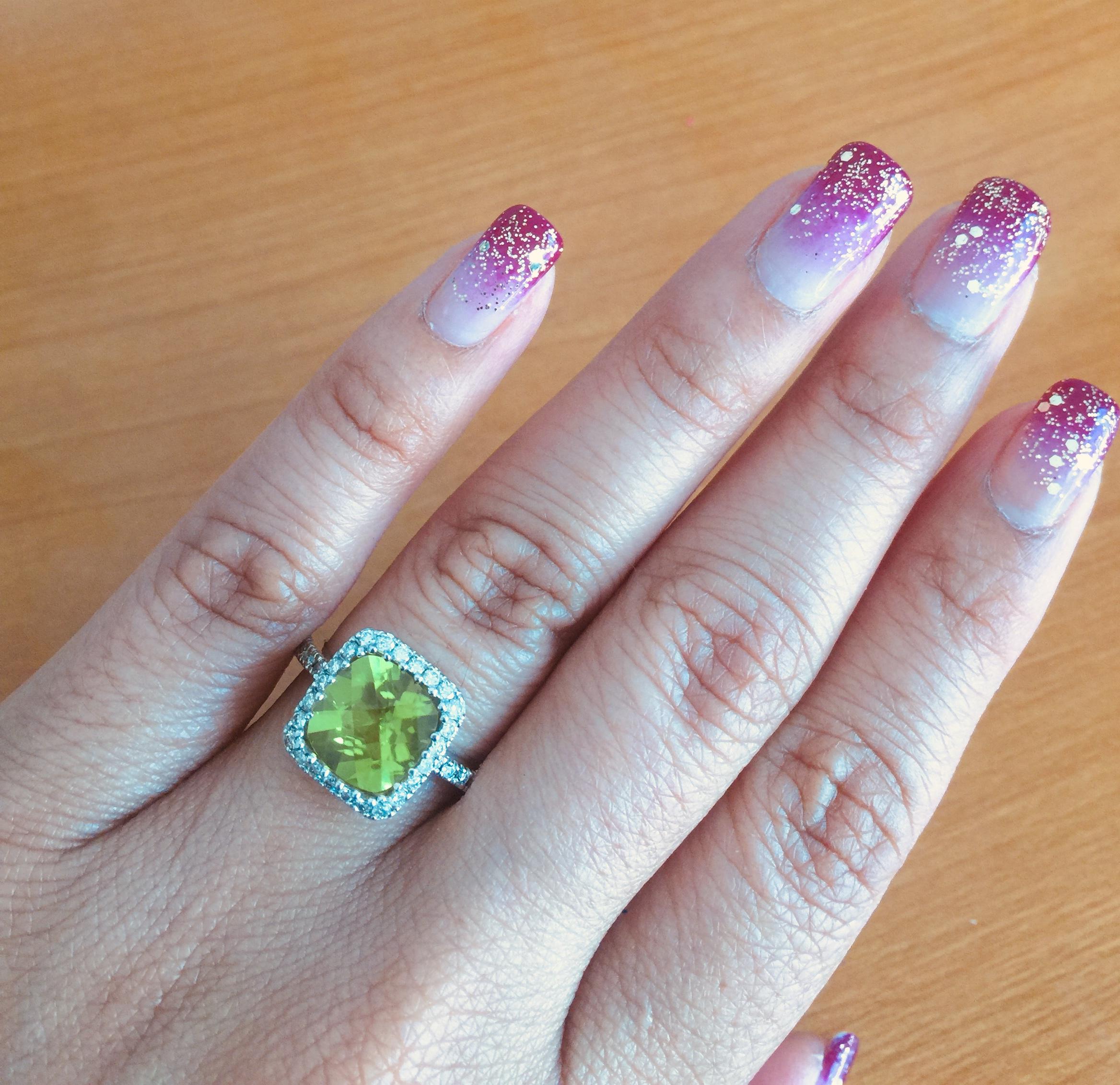 Women's 3.38 Carat Peridot Diamond Engagement White Gold Ring