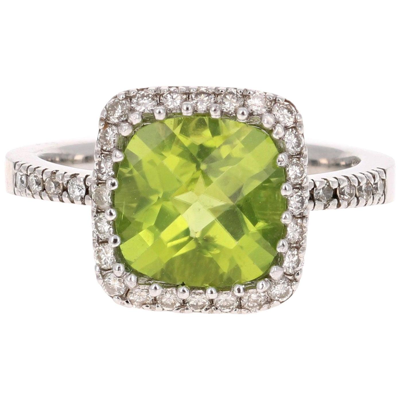 3.38 Carat Peridot Diamond Engagement White Gold Ring