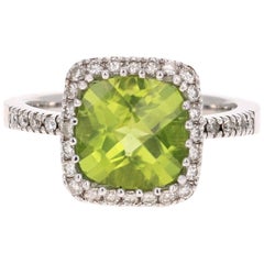 3.38 Carat Peridot Diamond Engagement White Gold Ring
