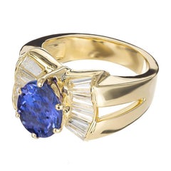3.38 Carat Purple Blue Oval Tanzanite Diamond 18k Yellow Gold Cocktail Ring