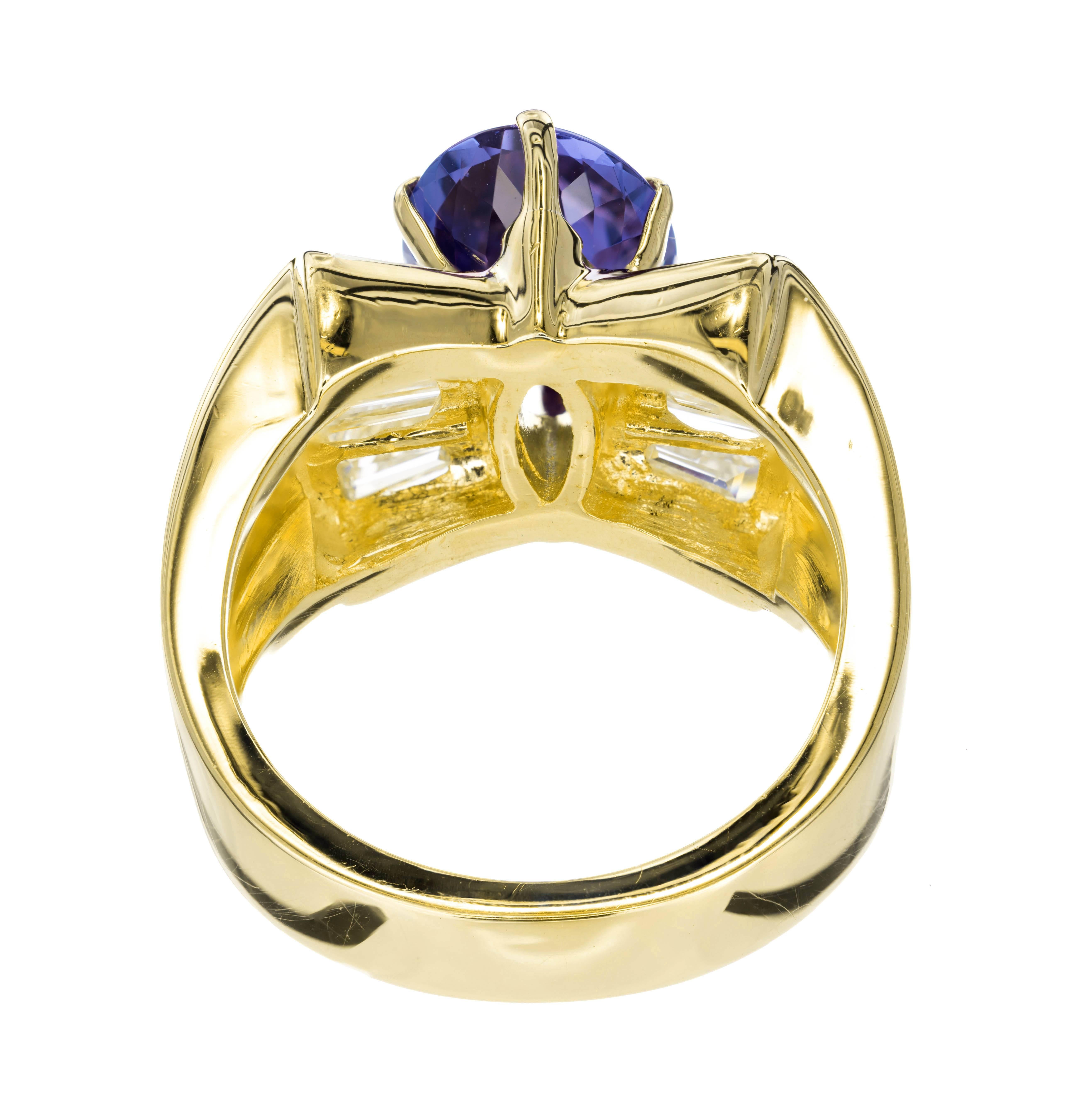 3.38 Carat Purple Blue Tanzanite Diamond Yellow Gold Cocktail Ring In Good Condition In Stamford, CT