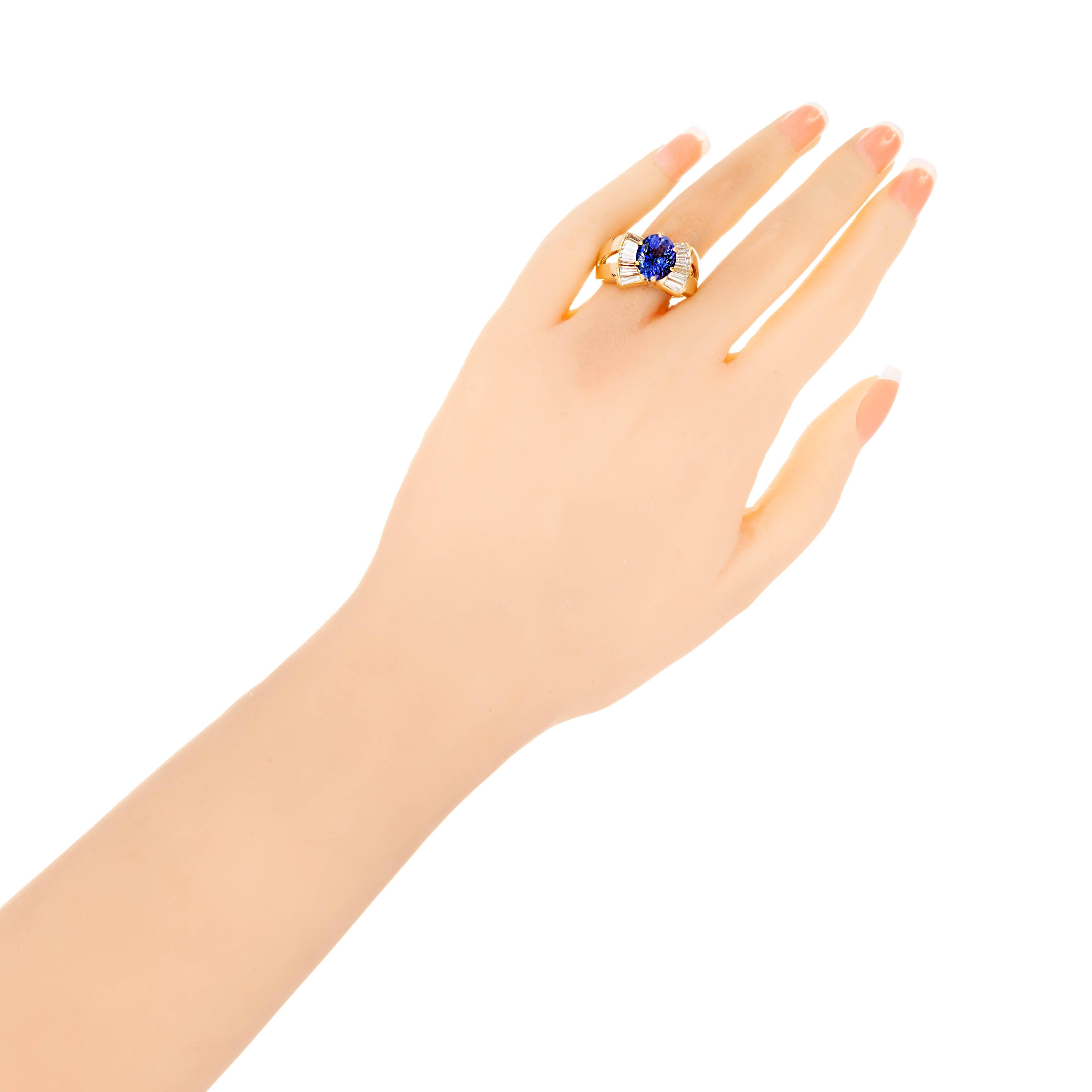 Women's 3.38 Carat Purple Blue Tanzanite Diamond Yellow Gold Cocktail Ring