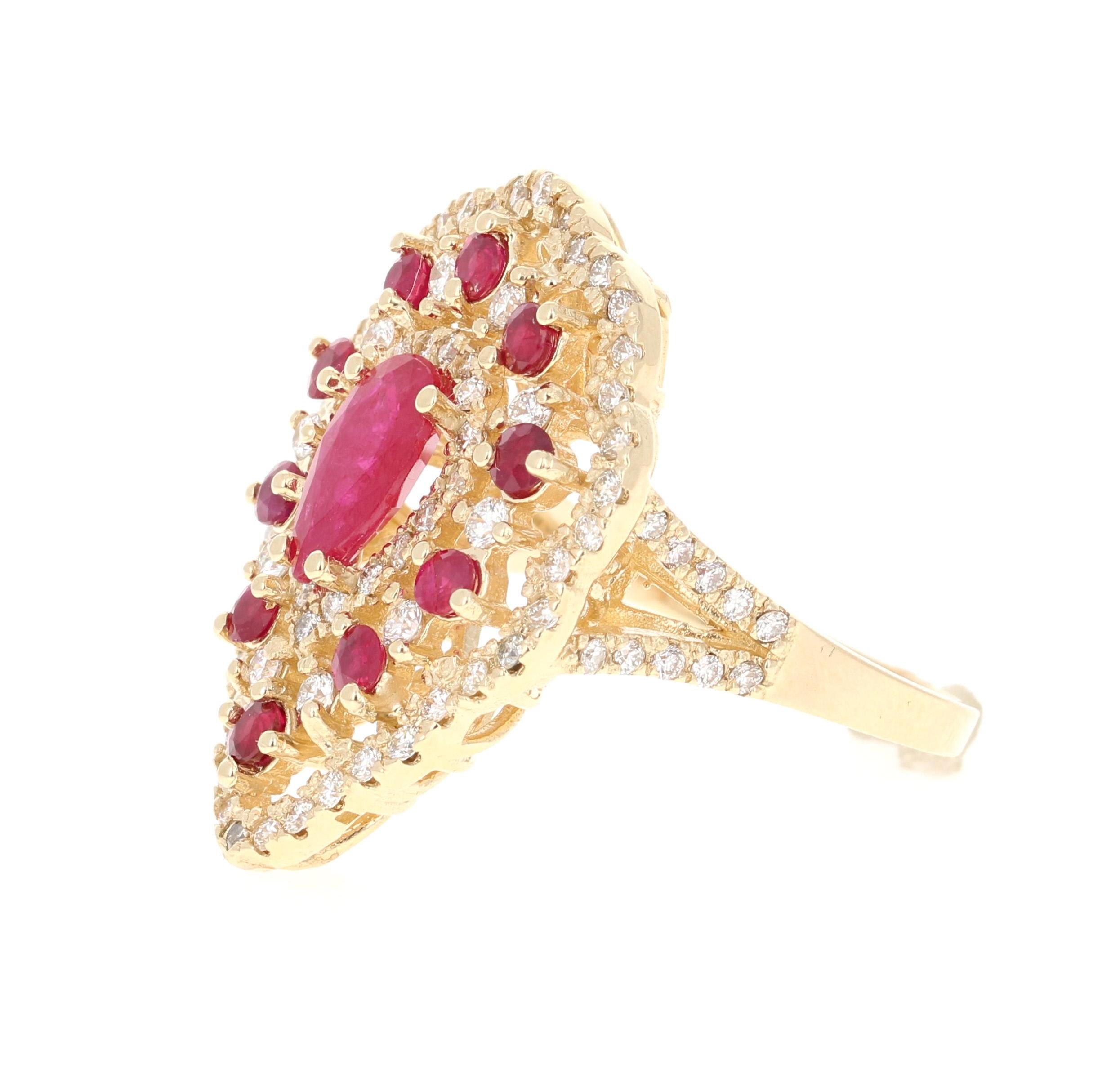 Contemporary 3.38 Carat Ruby Diamond 14 Karat Yellow Gold Cocktail Ring