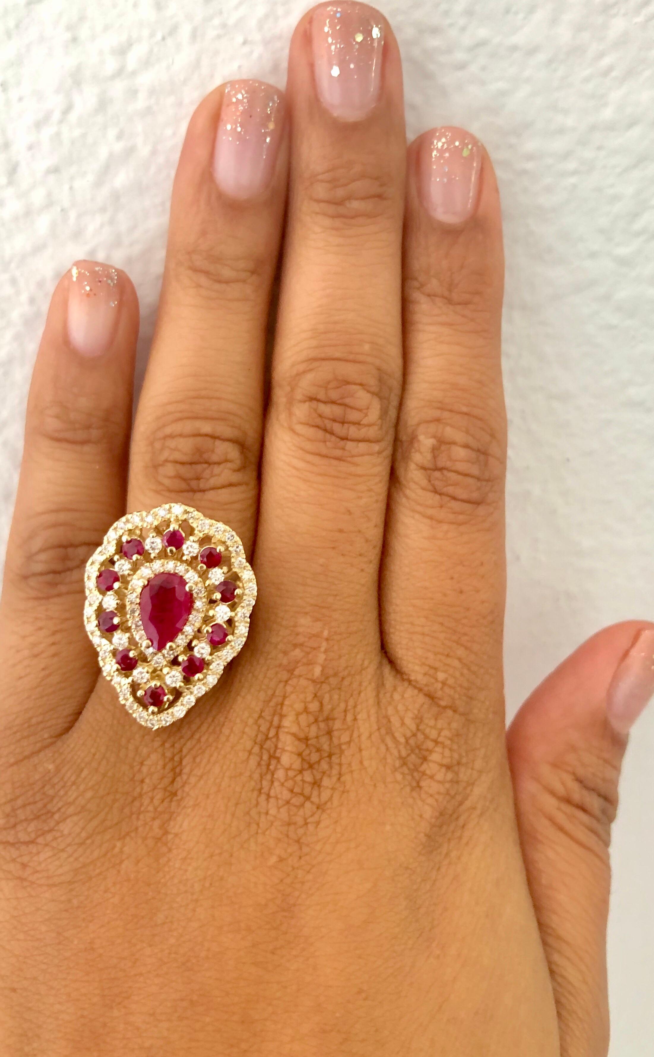 3.38 Carat Ruby Diamond 14 Karat Yellow Gold Cocktail Ring In New Condition In Los Angeles, CA