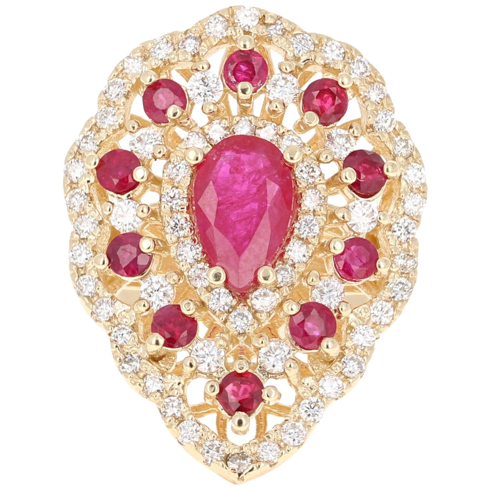 3.38 Carat Ruby Diamond 14 Karat Yellow Gold Cocktail Ring