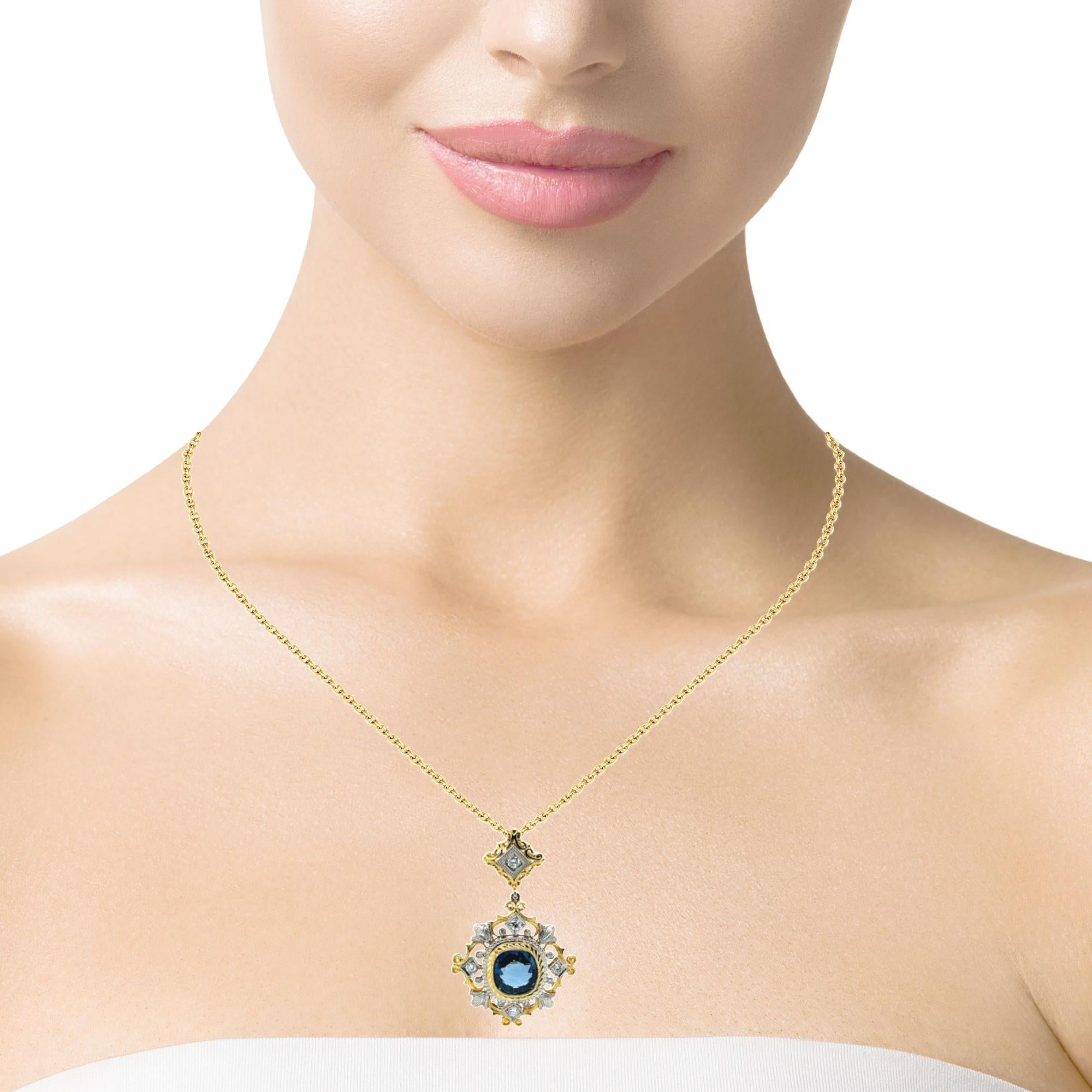3.38 Carat Sapphire and Diamond Handmade Necklace in 18k White and Yellow Gold  For Sale 4