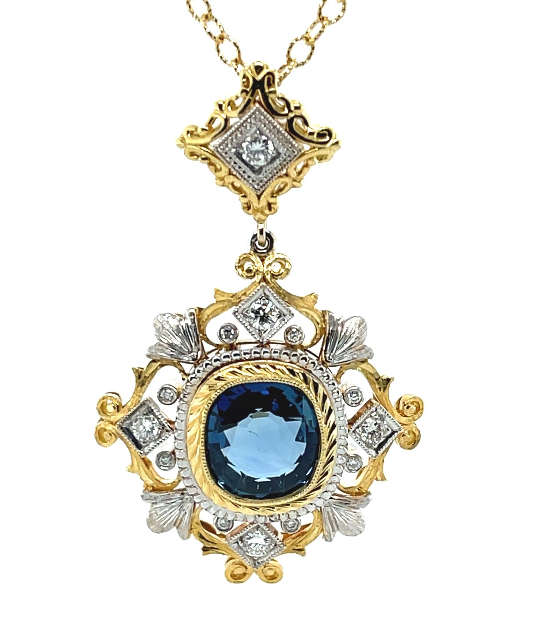 This pendant features a gem-quality blue sapphire and is a stunning example of timeless elegance! The custom-made design was envisioned specifically for this sapphire and displays the extraordinary craftsmanship that is a hallmark of our jewelry.