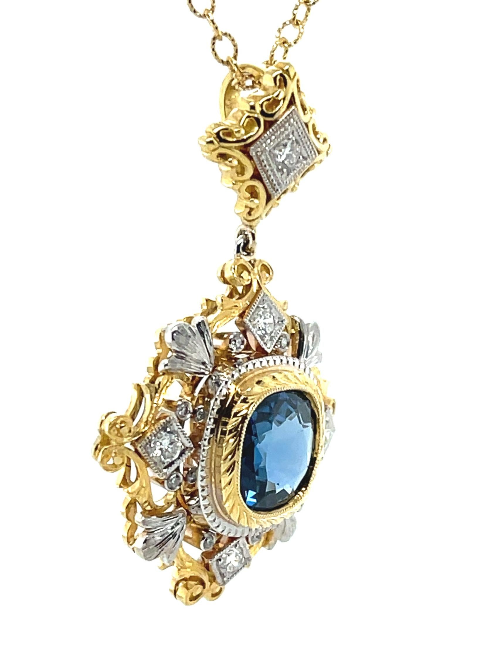 Artisan 3.38 Carat Sapphire and Diamond Handmade Necklace in 18k White and Yellow Gold  For Sale