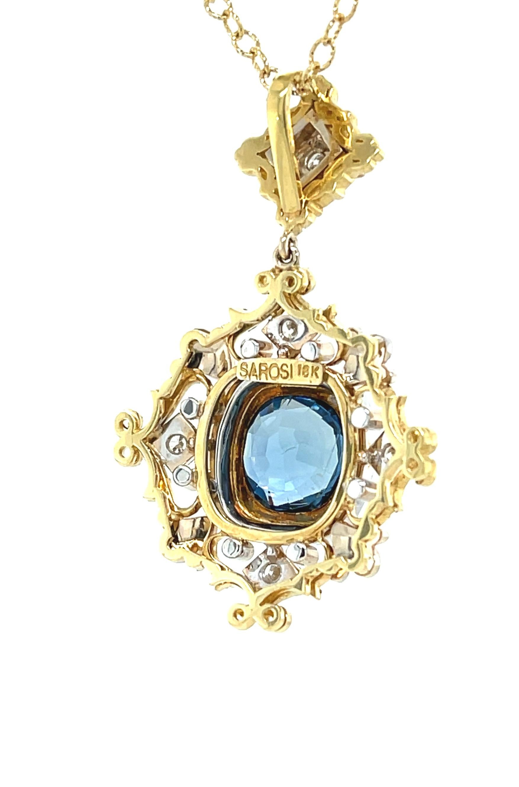 Cushion Cut 3.38 Carat Sapphire and Diamond Handmade Necklace in 18k White and Yellow Gold  For Sale
