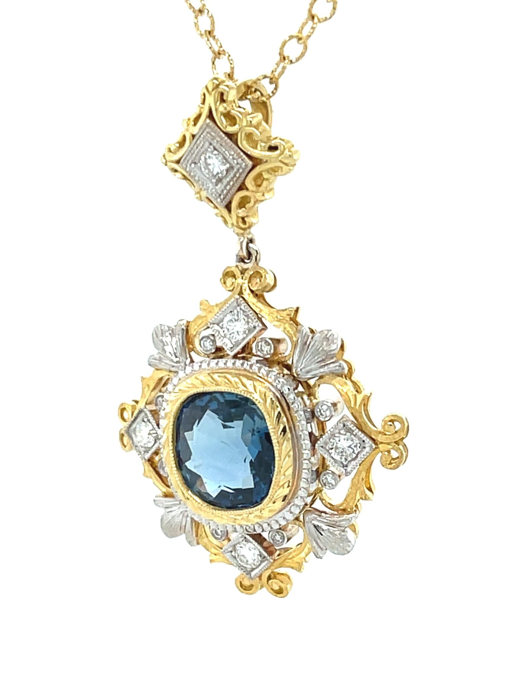 Women's 3.38 Carat Sapphire and Diamond Handmade Necklace in 18k White and Yellow Gold  For Sale