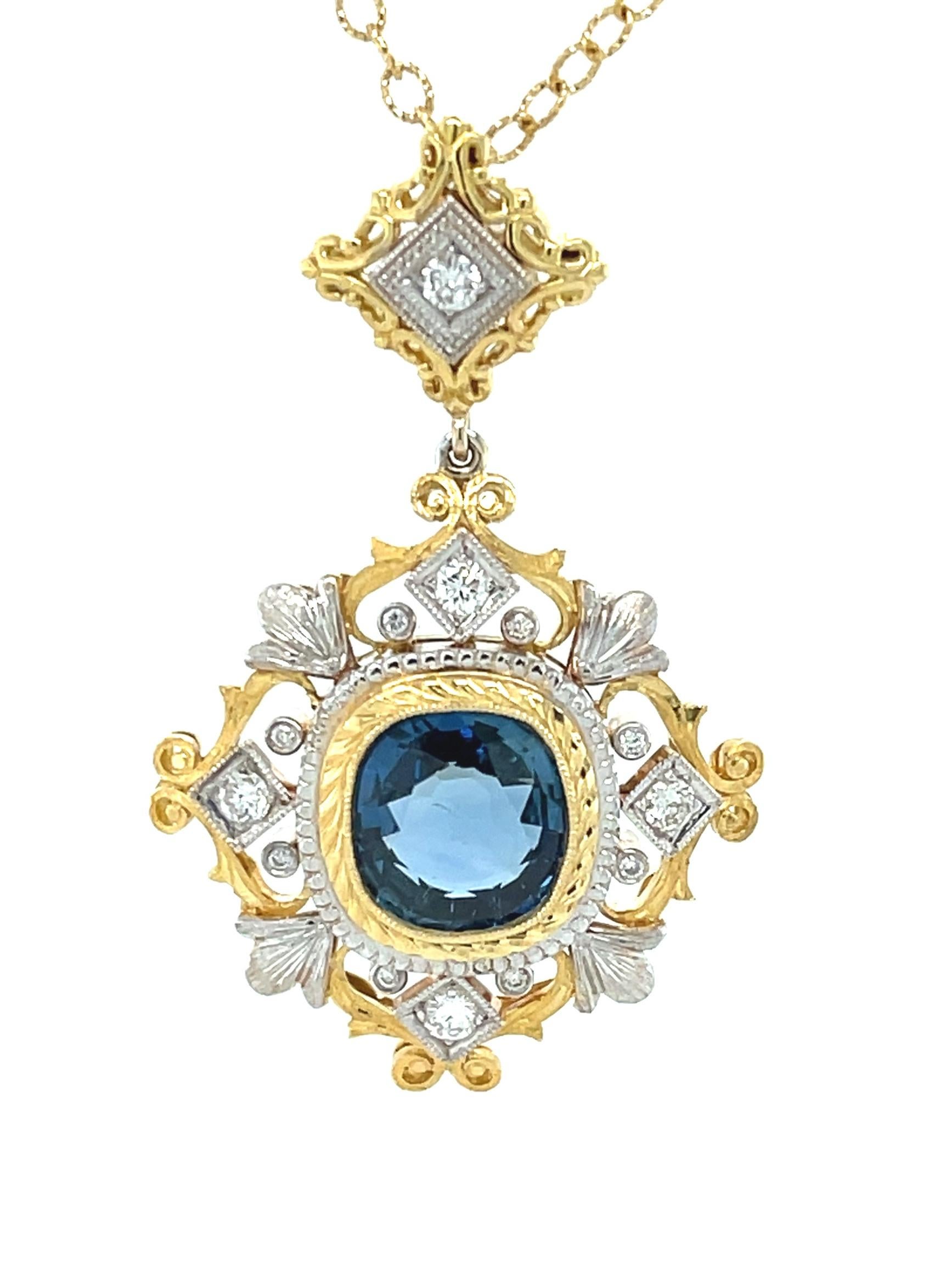 3.38 Carat Sapphire and Diamond Handmade Necklace in 18k White and Yellow Gold  For Sale 1