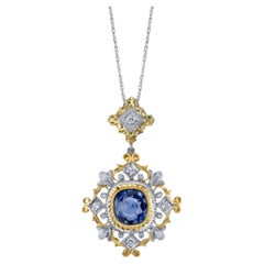 3.38 Carat Sapphire and Diamond Handmade Necklace in 18k White and Yellow Gold