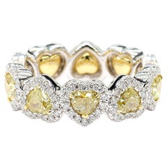3.38 Carat Total Yellow Diamond Heart Up & Down Eternity Ring, 18K White Gold