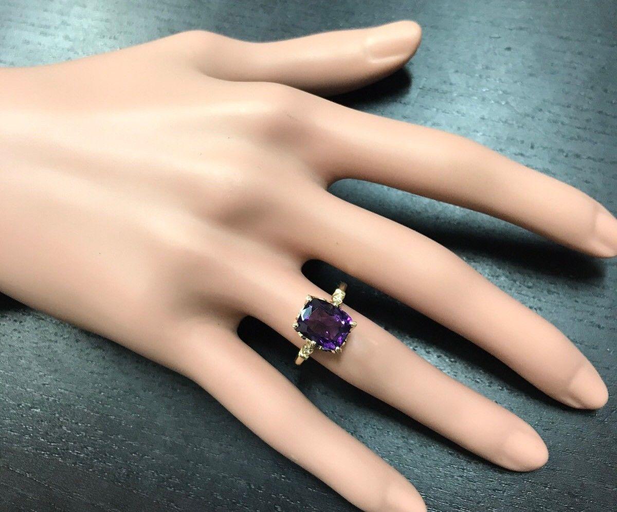 Bague en or jaune massif 14 carats avec améthyste naturelle de 3,38 carats et diamants en vente 1