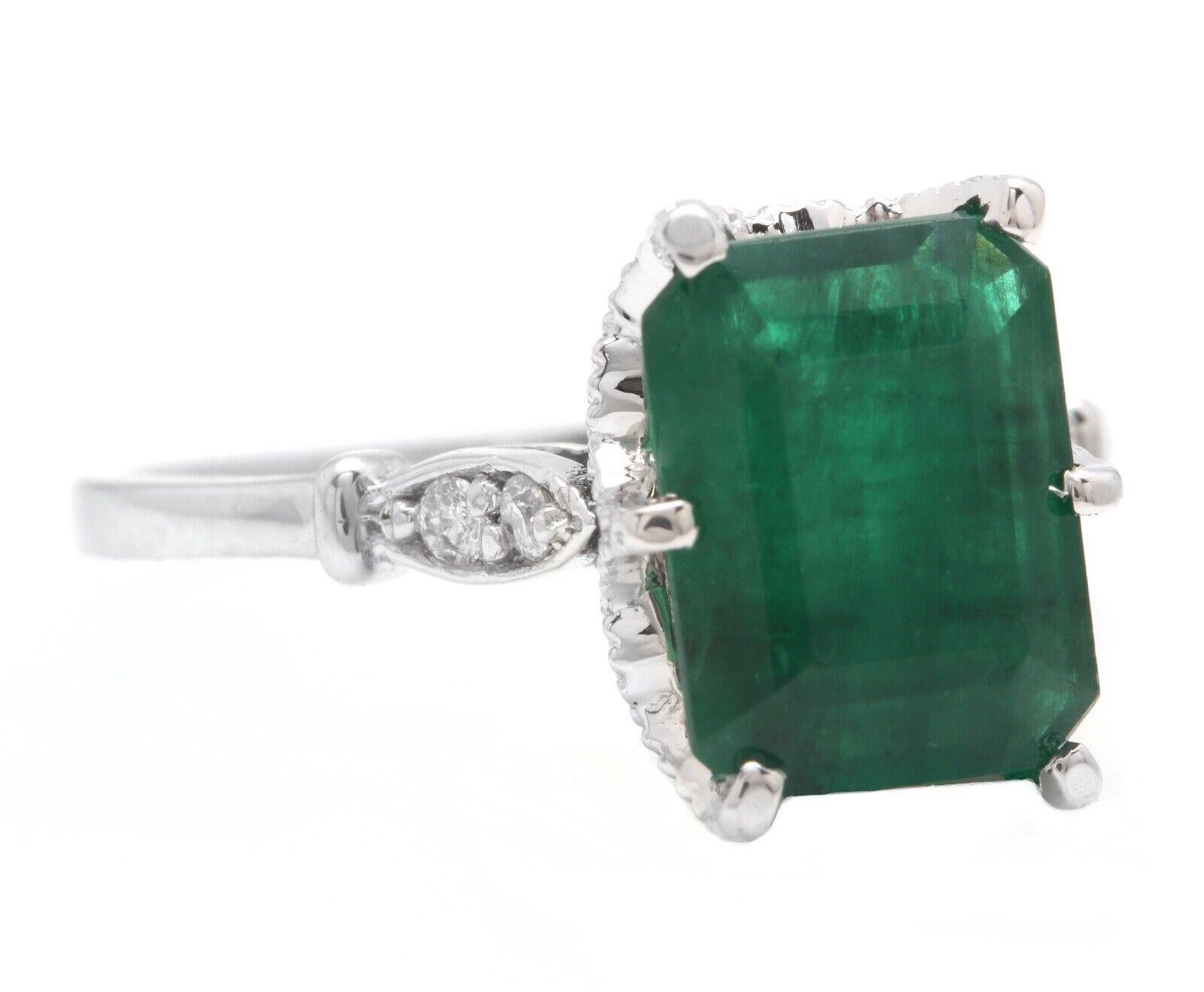 3.38 Carats Natural Emerald and Diamond 14K Solid White Gold Ring

Suggested Replacement Value: $5,000.00

Total Natural Green Emerald Weight is: Approx. 3.30 Carats (transparent)

Emerald Measures: Approx. 10.00 x 8.00mm

Natural Round Diamonds