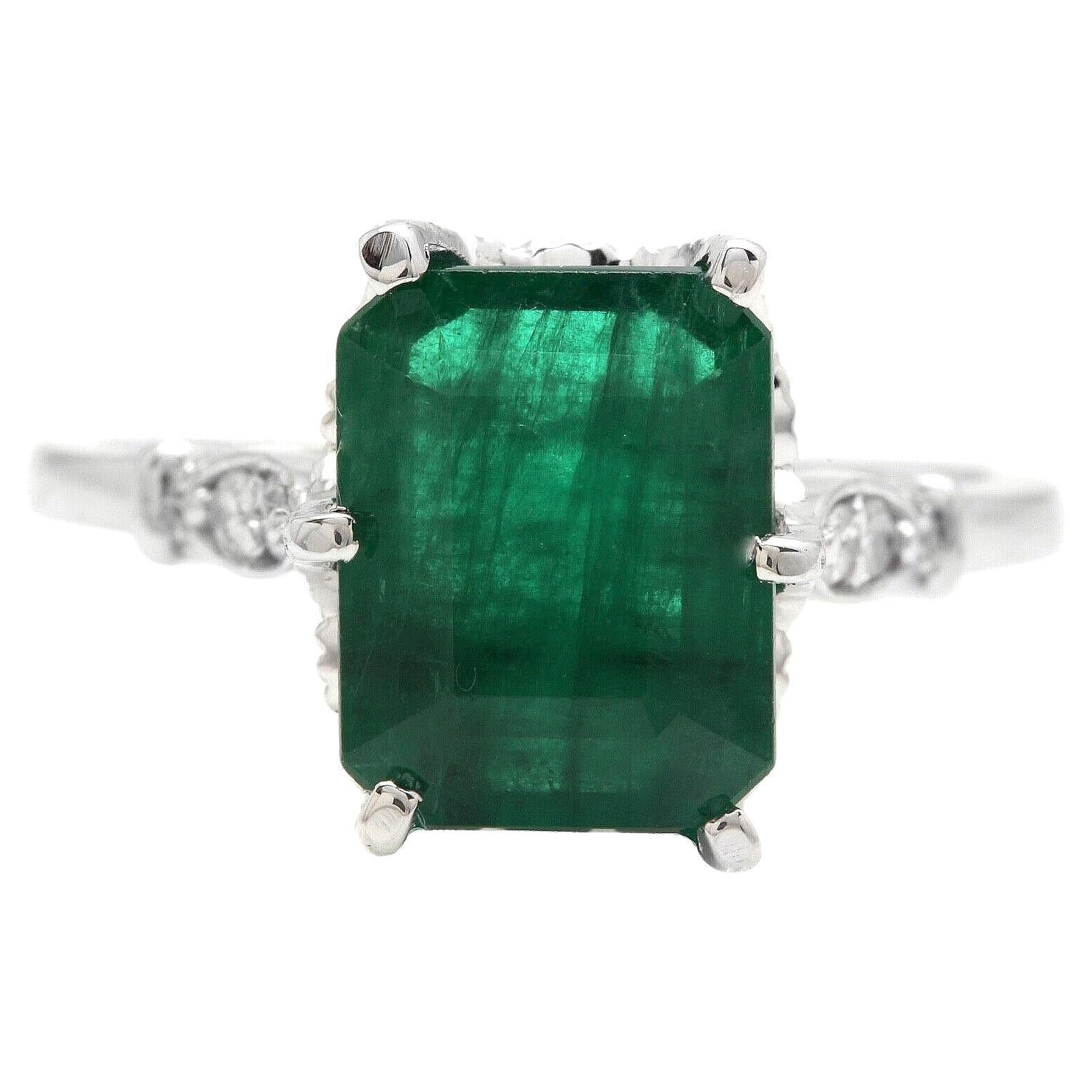 3.38 Carats Natural Emerald and Diamond 14K Solid White Gold Ring For Sale