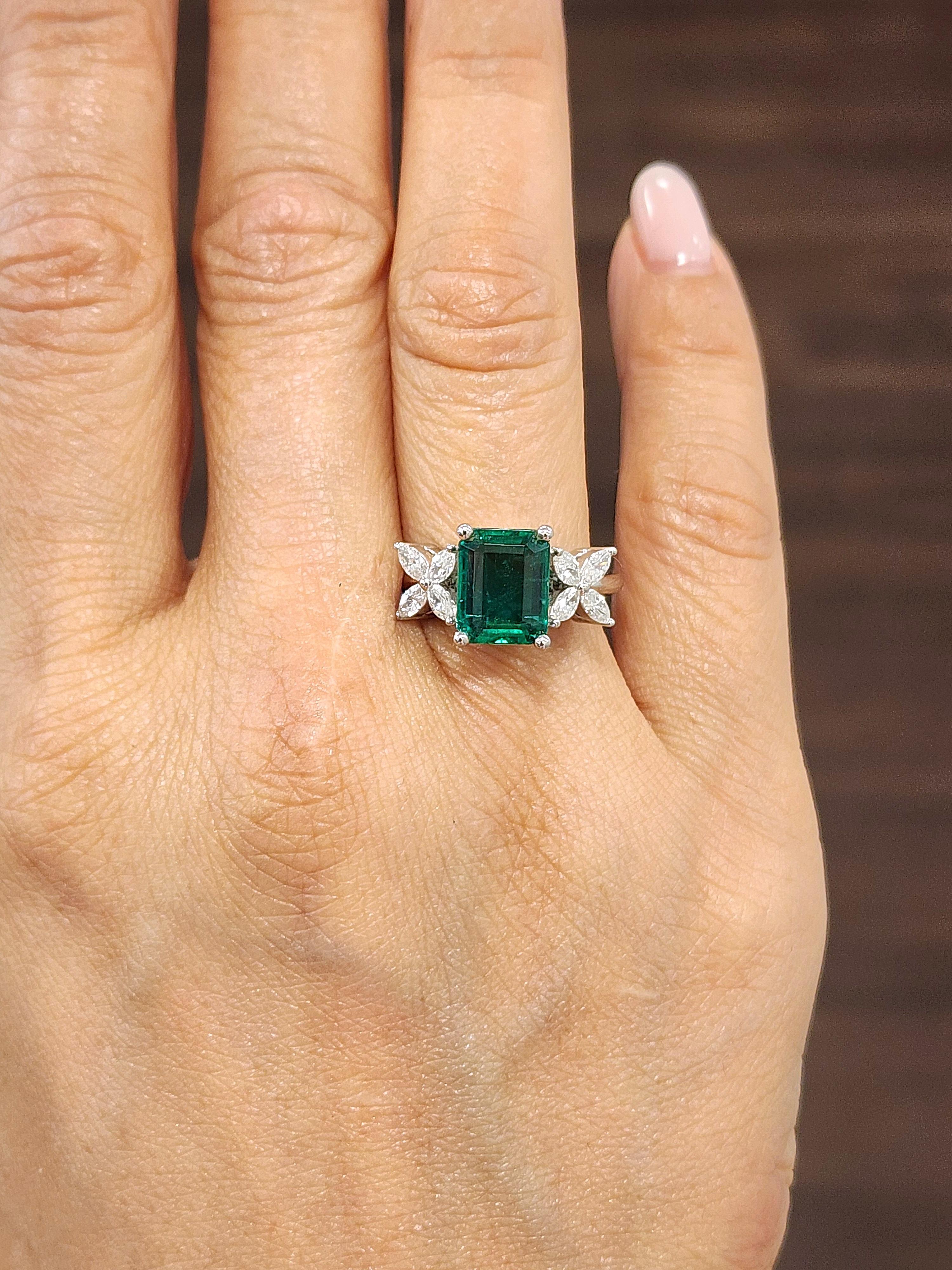 Modern 3.38 ct GIA Certified Zambian Emerald & Diamond Ring For Sale