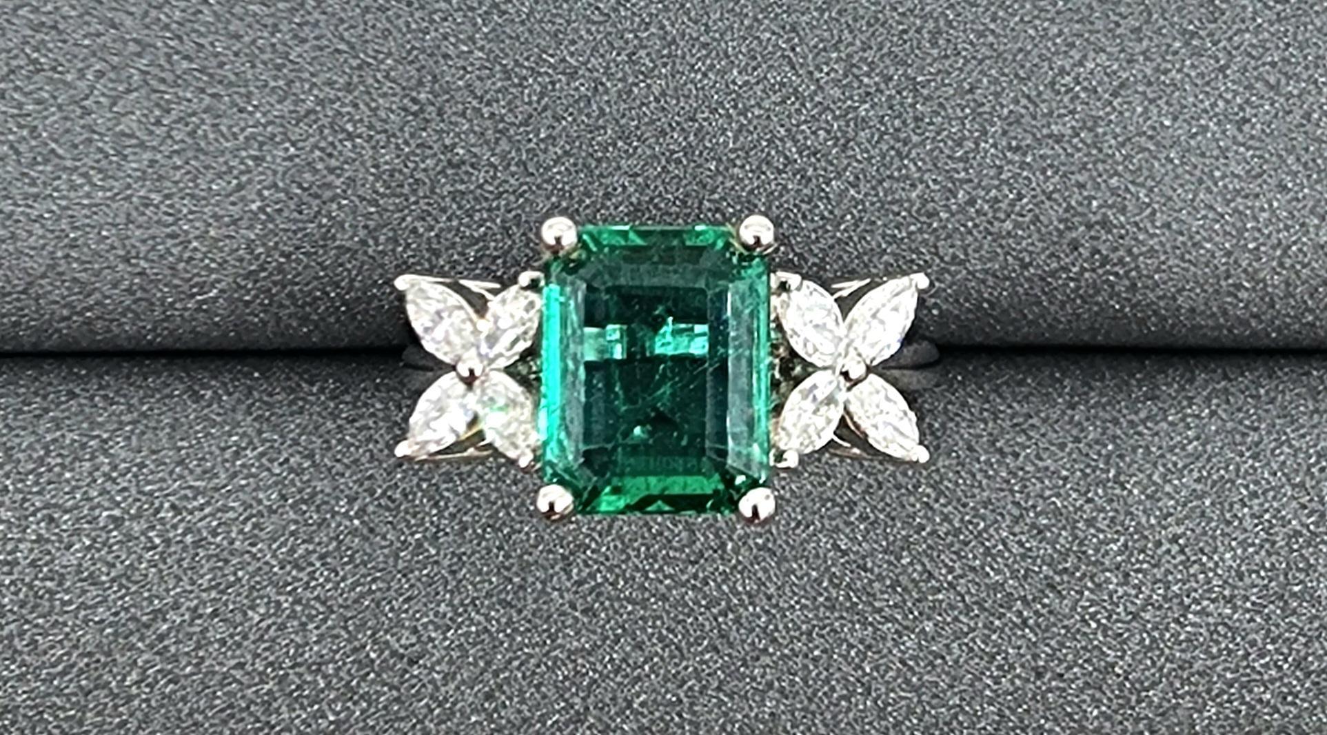 Emerald Cut 3.38 ct GIA Certified Zambian Emerald & Diamond Ring For Sale
