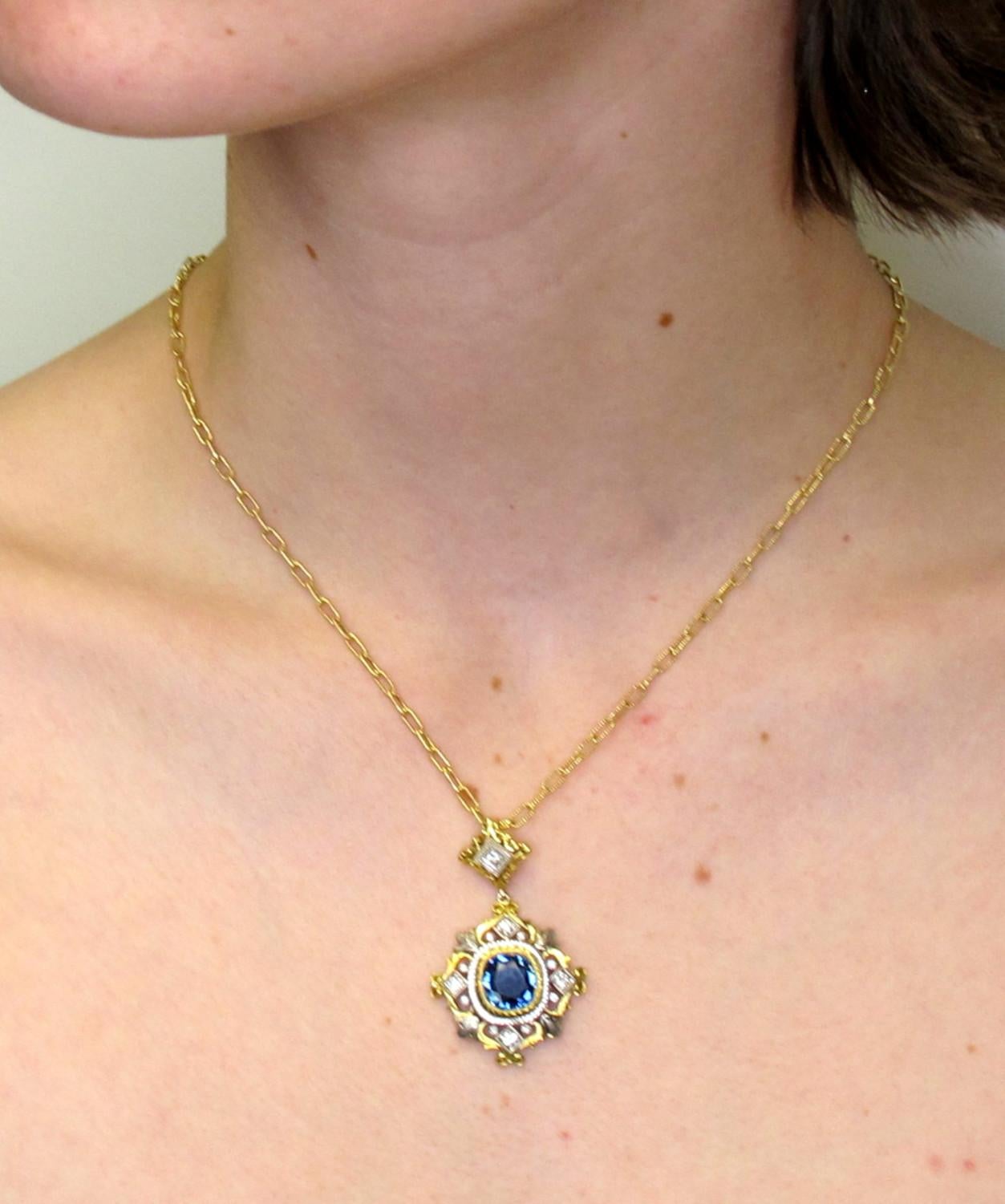3.38 Carat Sapphire and Diamond Handmade Necklace in 18k White and Yellow Gold  For Sale 3