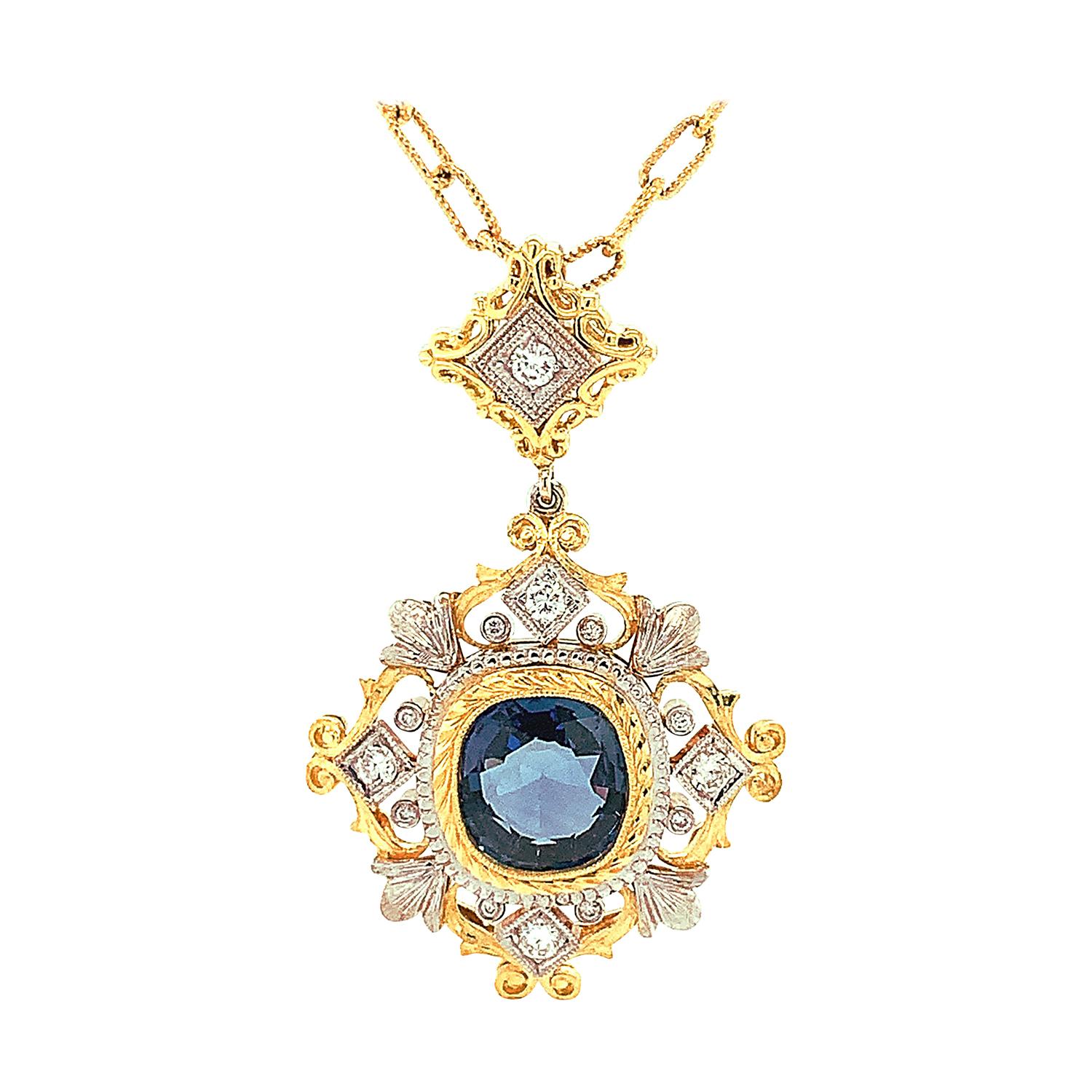 3.38 Carat Sapphire and Diamond Handmade Necklace in 18k White and Yellow Gold 
