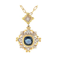 3.38 Ct. Sapphire, Diamond, White and Yellow Gold Handmade Drop Pendant