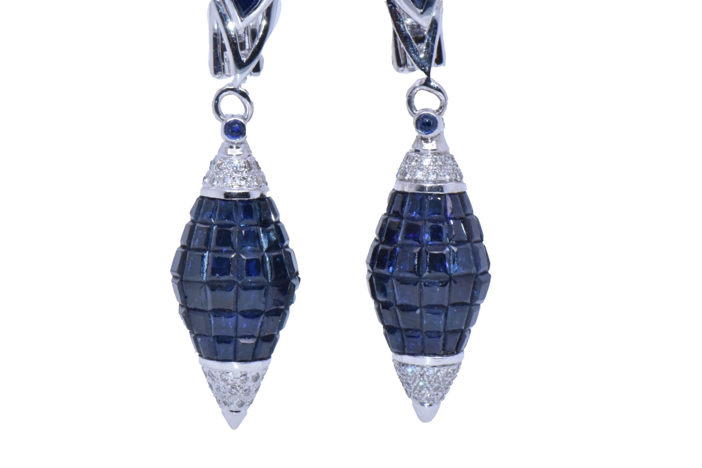 Princess Cut 33.80 Carat Sapphire & Diamond Bullet Earrings in 18k White Gold  For Sale