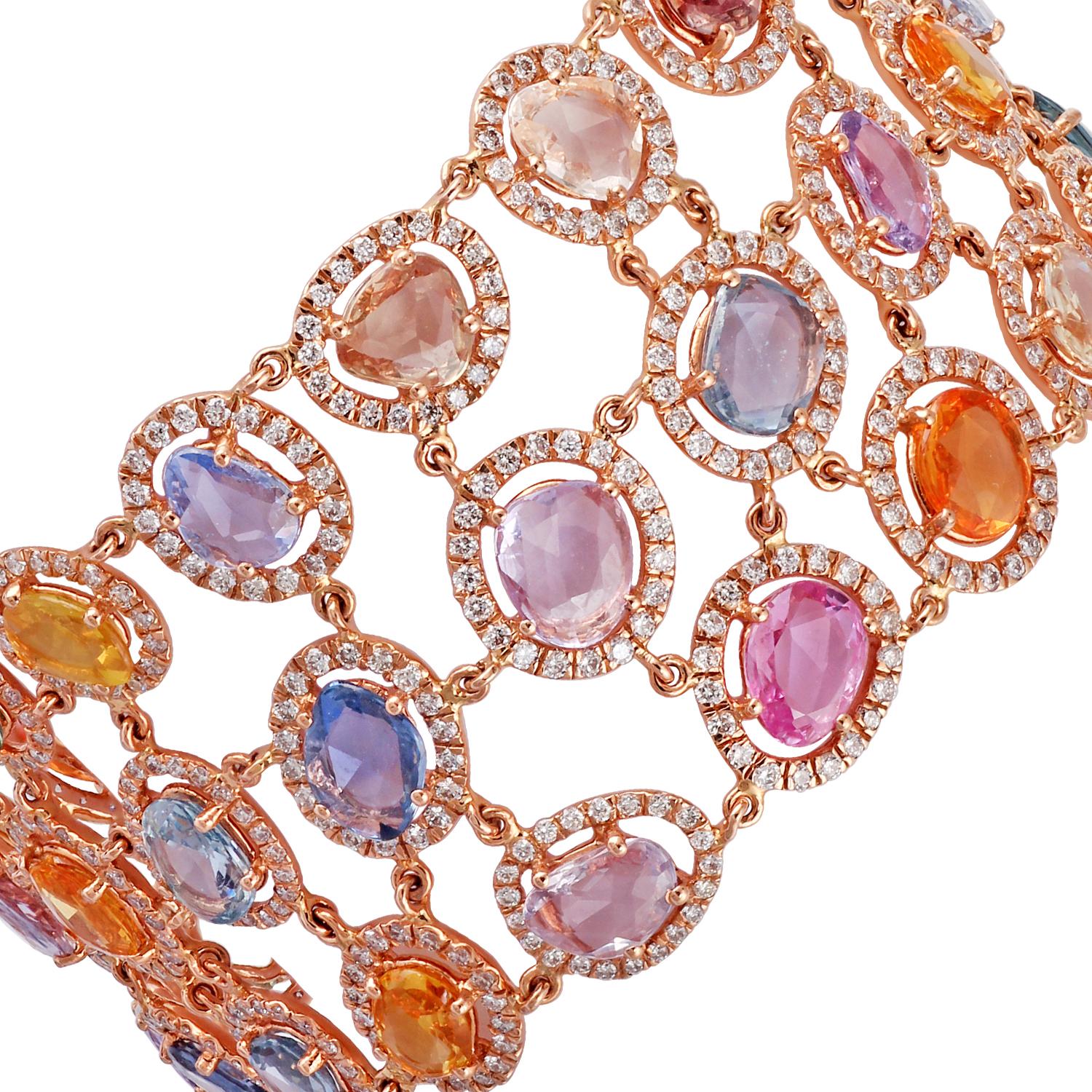 Rose Cut 33.81 Carat Multi-Sapphire and Diamond Bracelet For Sale