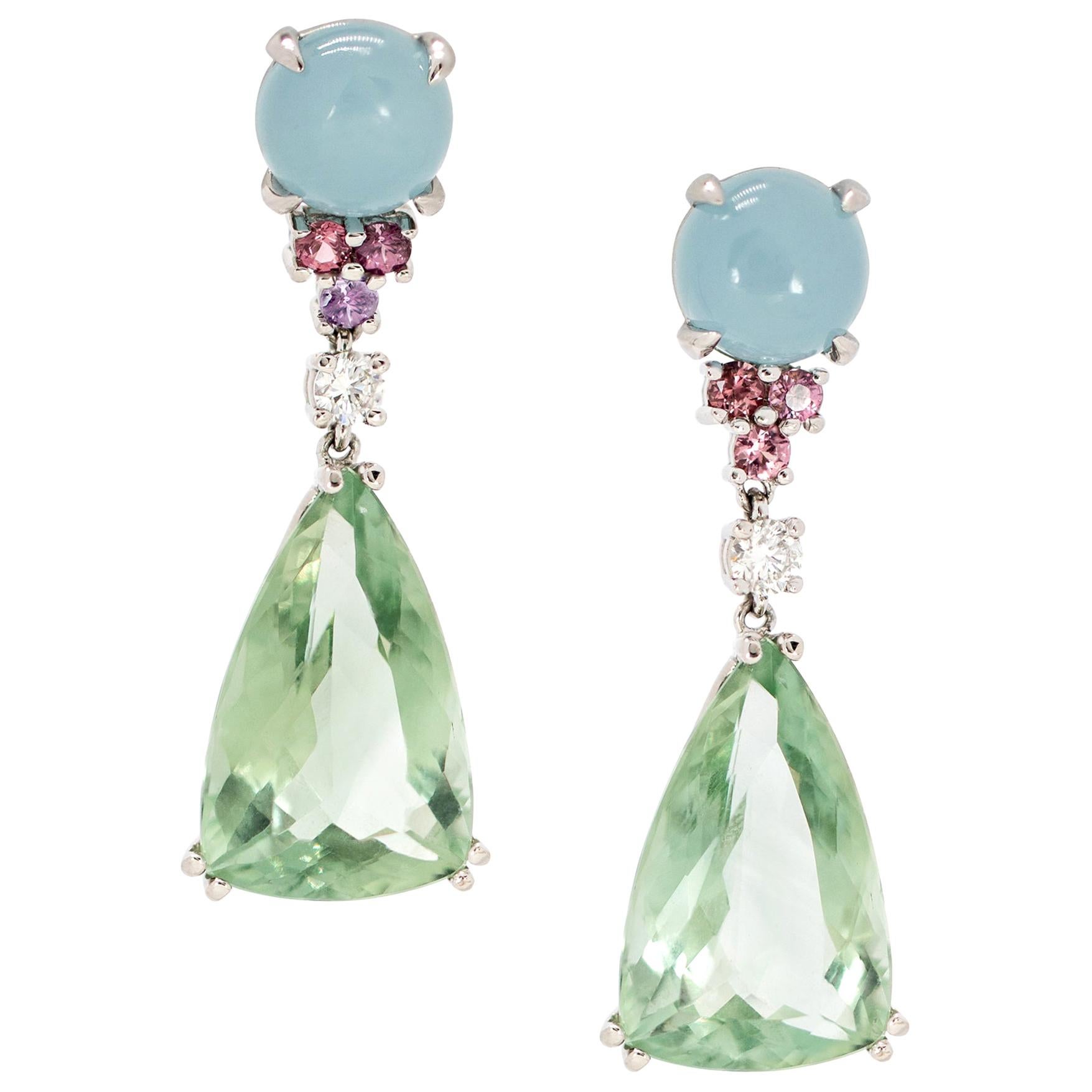 33.84 Carat Trillion Green Amethyst, Aquamarine, Red and Pink Spinel Earrings