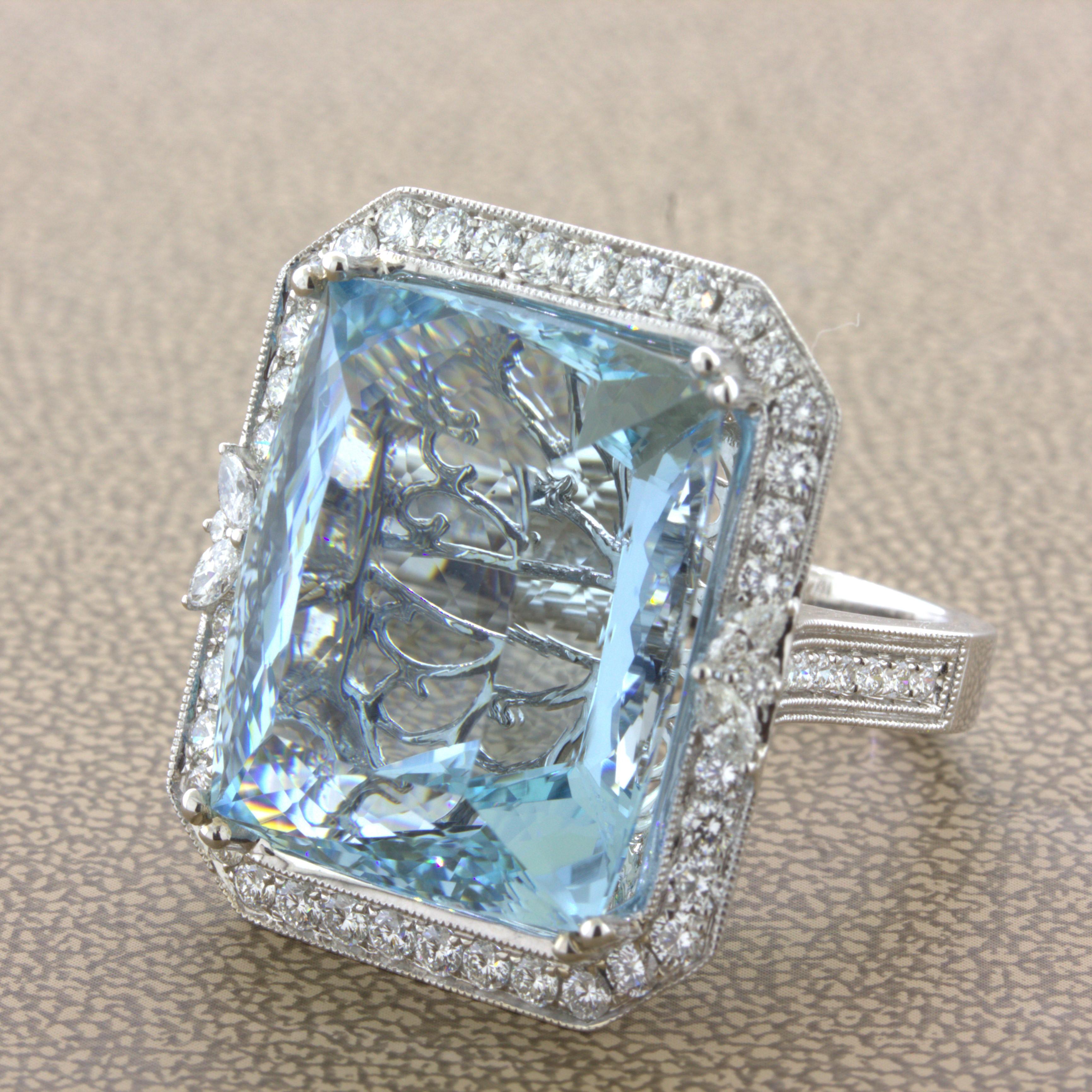 Emerald Cut 33.86 Carat Aquamarine Diamond 18K White Gold Cocktail Ring For Sale