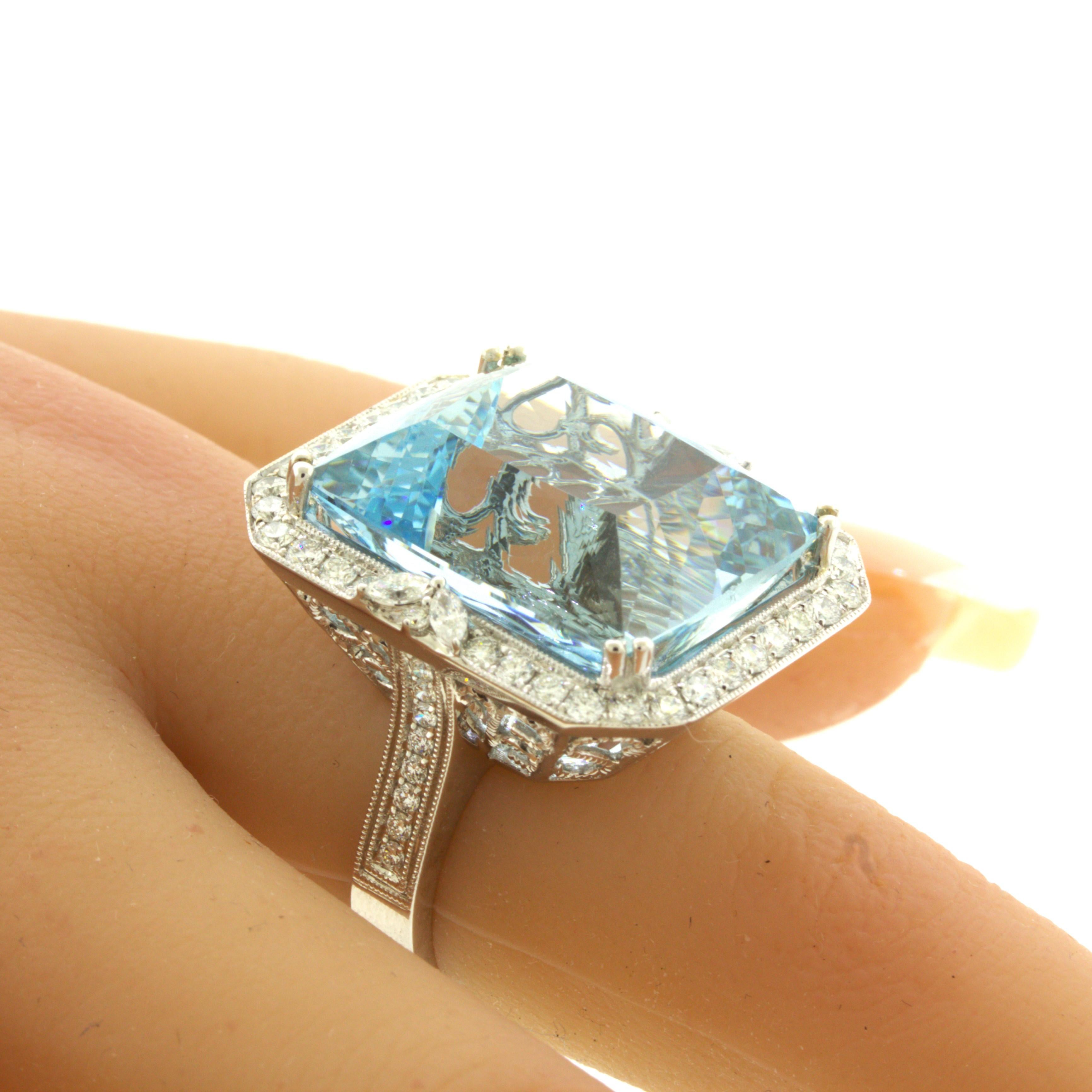 33.86 Carat Aquamarine Diamond 18K White Gold Cocktail Ring In New Condition For Sale In Beverly Hills, CA